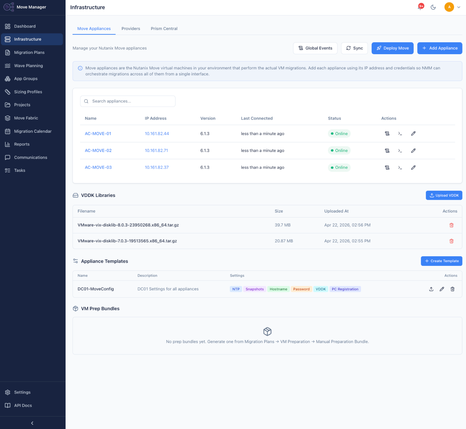 Infrastructure page listing Nutanix Move appliances with status, VDDK libraries, appliance templates, and VM prep bundles